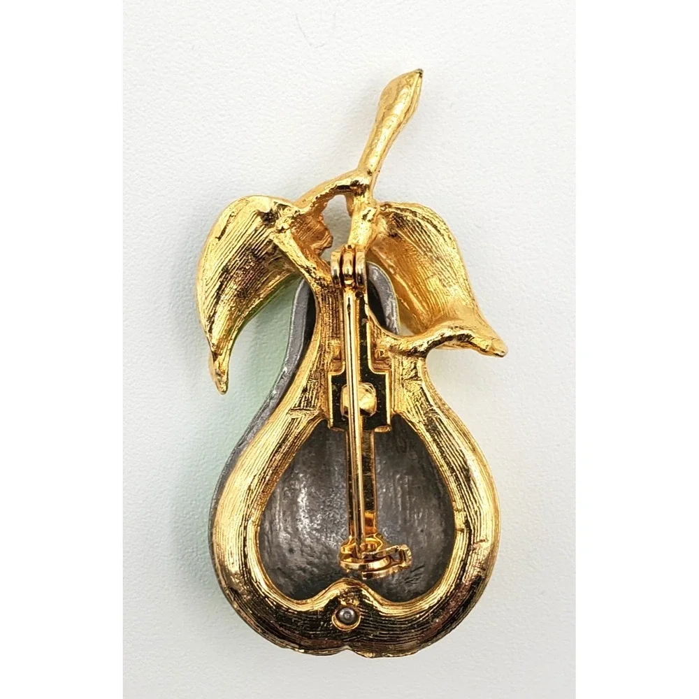 Vintage Gold Tone Enameled Pear Fruit Brooch Pin